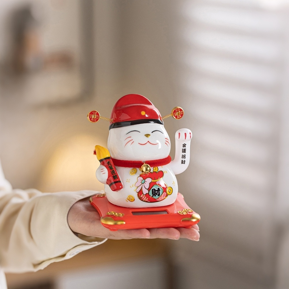 Fishing Hat - Solar Waving Lucky Cat Ceramic Fortune